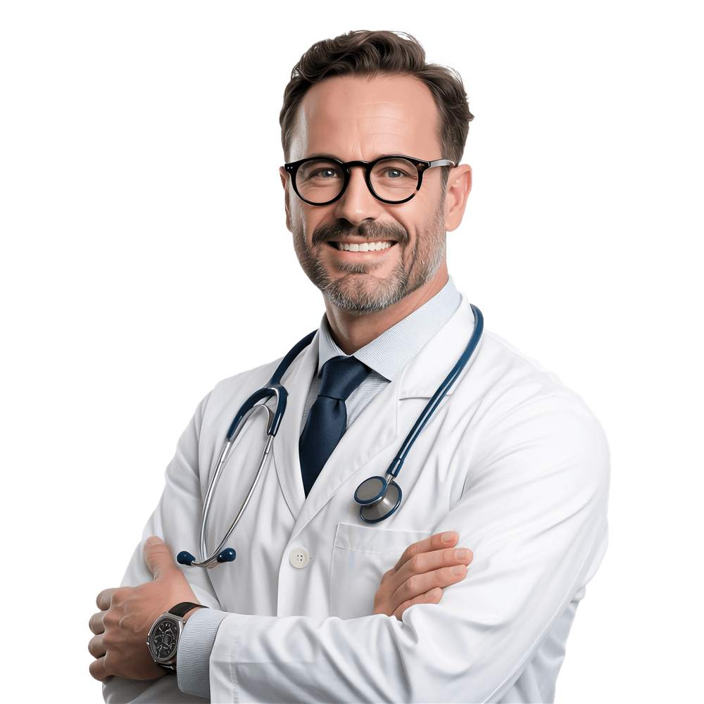 A smiling doctor in a white coat